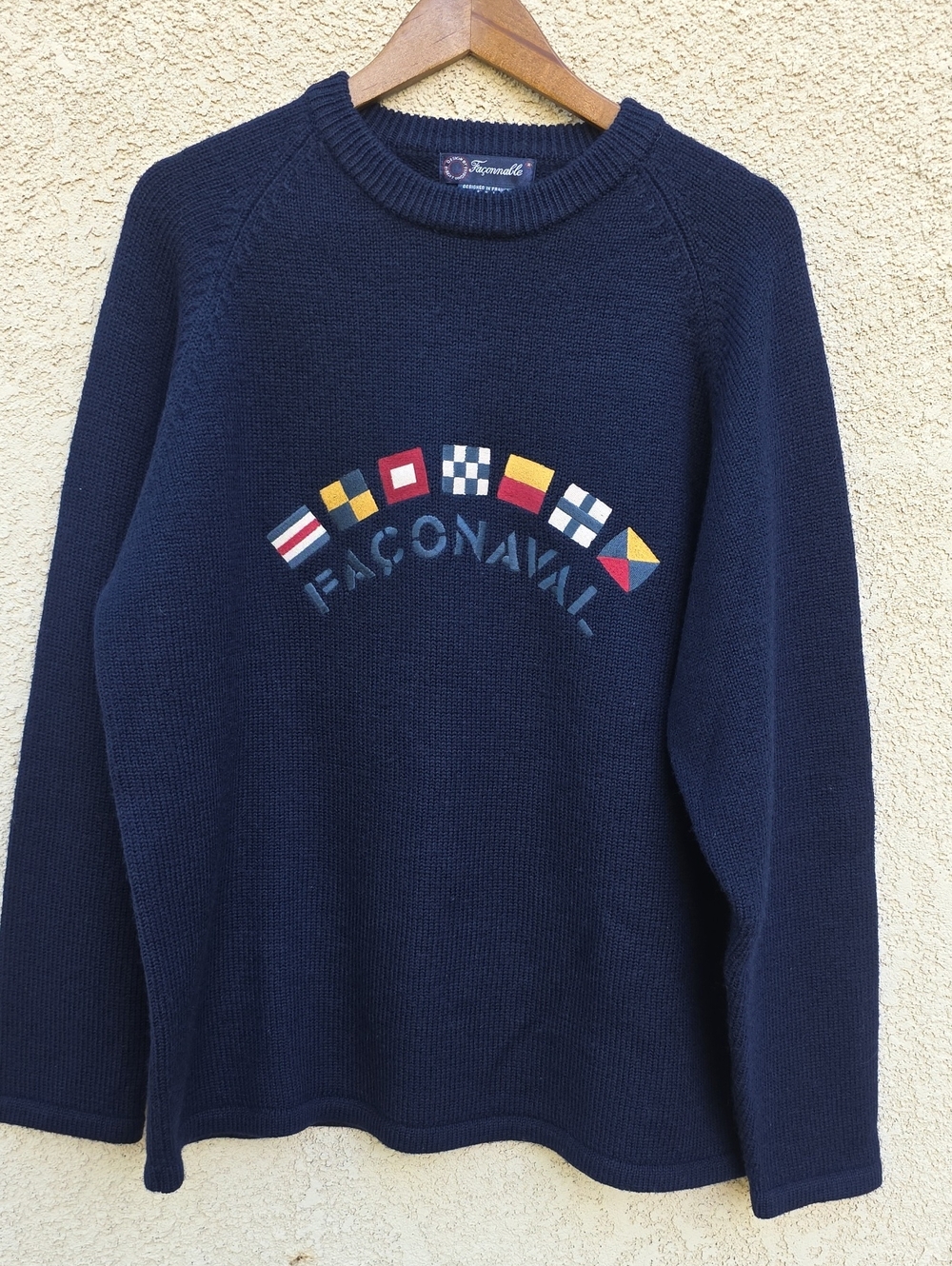 Vintage Faconnable Navy Crewneck Sweater with Colorful Nautical Flags 100% Wool